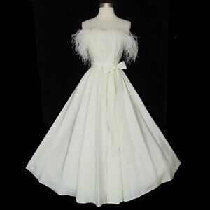 Vintage 80s FEATHER Off White Strapless Wedding Full Skirt Prom Party Dress XXS